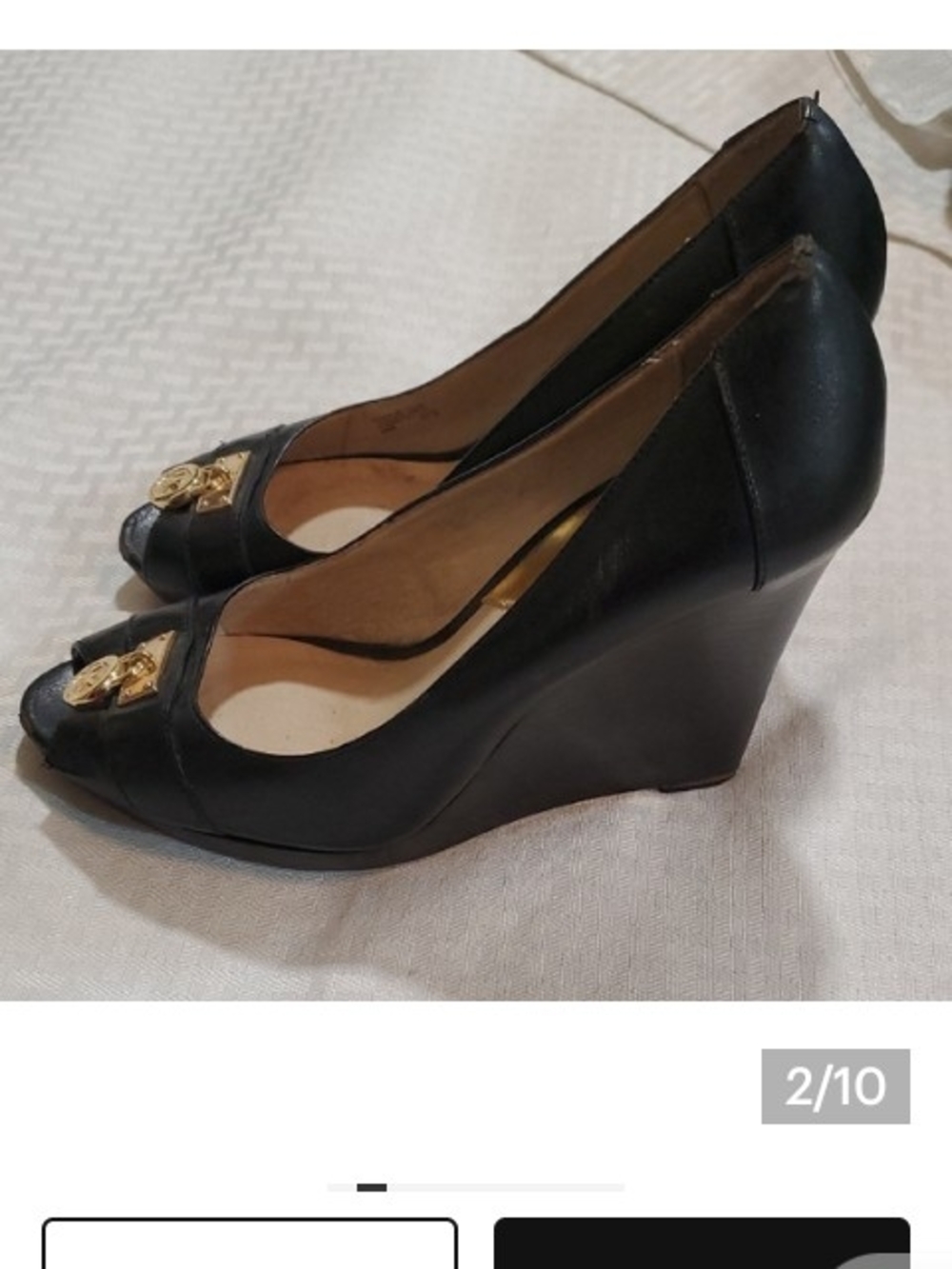 Michael Kors Black Leather Peep-Toe Wedge Pumps with Gold Logo